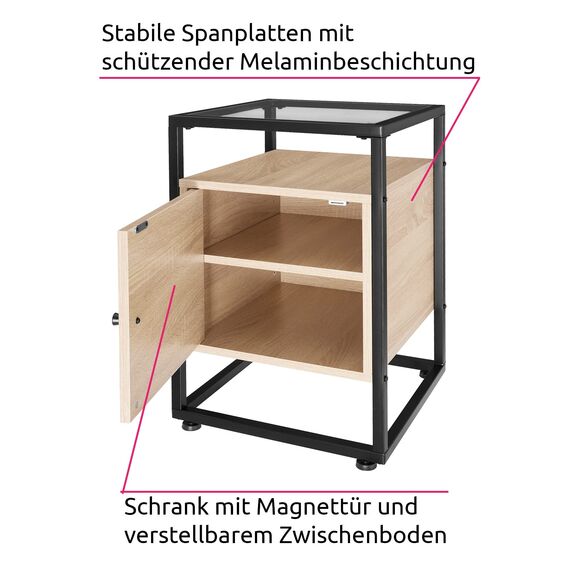 tectake® Nachttisch mit Glasplatte, 40 x 43 x 60,5 cm, Beistelltisch mit Tür, Zimmer Deko Wohnzimmer, Deko Schlafzimmer Möbel, Blumenständer, Nachtschrank - Industrial Holz hell, Eiche Sonoma