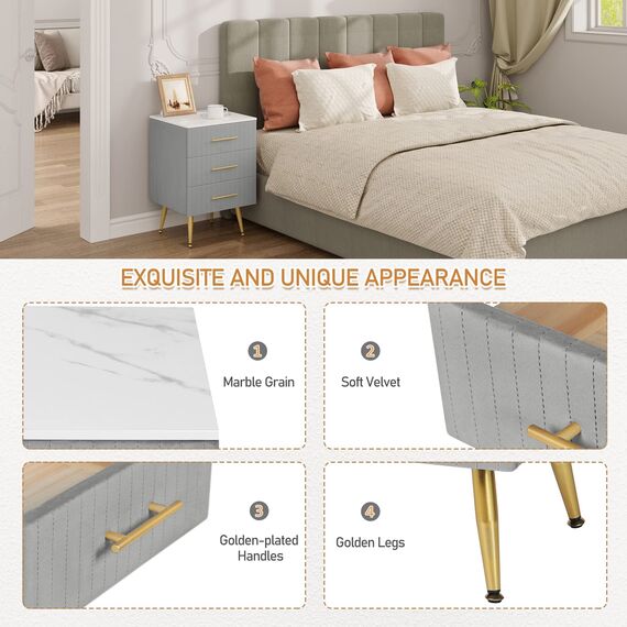 WOLTU 2er Set Nachttisch Nachtschrank für Boxspringbett, 3 Schubladen aus Massivholz, Kommode mit Schubladen Sideboard, einfache Montage, Höhe Tragfähigkeit, 40,5x41x60cm, Grau TS135gr-2