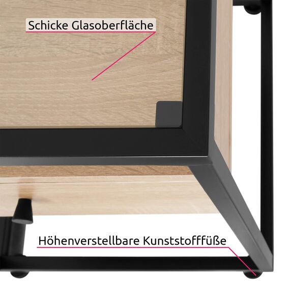 tectake® Nachttisch mit Glasplatte, 43 x 45 x 54,5 cm, Beistelltisch Couch, Deko Schlafzimmer Glastisch mit Ablage und Schublade - Industrial Holz hell, Eiche Sonoma