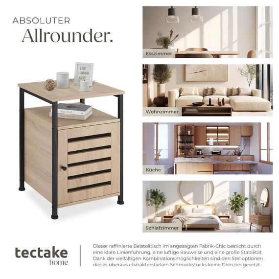 tectake® Beistellschrank, Nachttisch mit Ablage, Nachtschrank aus Holz und Metall, 40,5 x 60,5 cm, Deko Schlafzimmer, Wohnzimmer, Zimmer Deko, Blumenständer - Industrial Holz hell, Eiche Sonoma