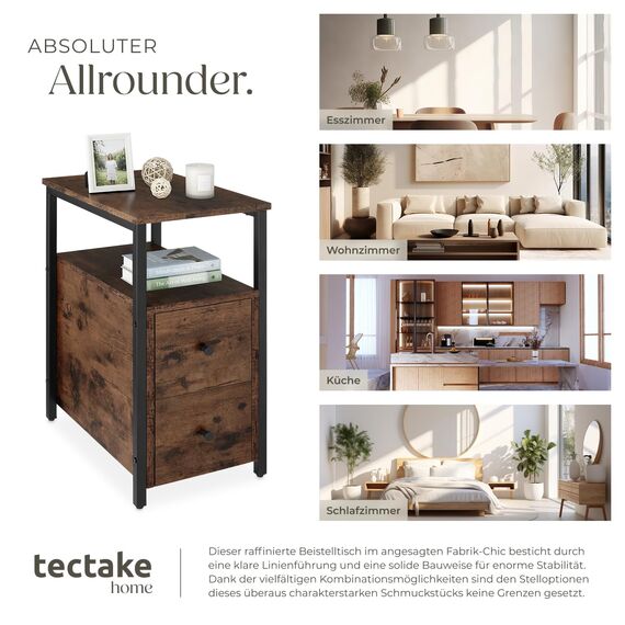 tectake® Nachttisch schmal, Nachtschrank mit 2 Schubladen und 2 Ablagen, schmaler Schrank 30 x 49,5 x 61,5 cm, Nischenschrank, Nachtkästchen, Beistelltisch schmal - Industrial dunkel, rustikal