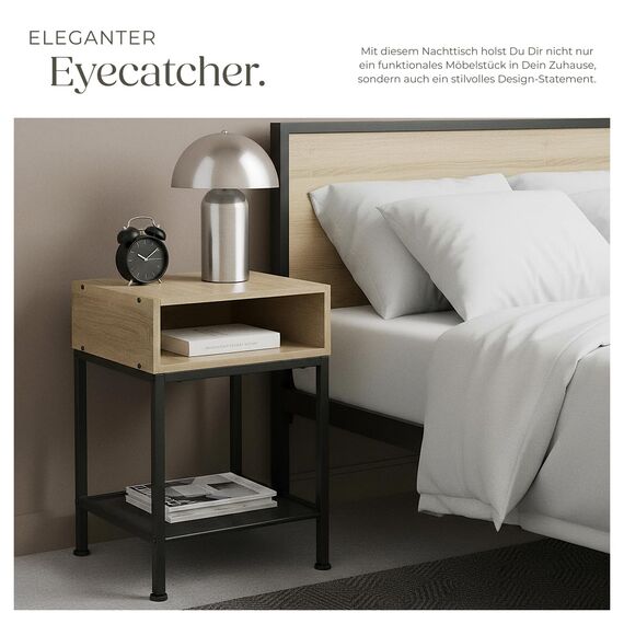 tectake® Nachttisch, Beistelltisch Couch mit offenem Fach und Gitterablage, Pflanzenständer, Möbel Deko Schlafzimmer, Nachtschrank, Wohnzimmer Möbel, Zimmer Deko - Industrial Holz hell, Eiche Sonoma