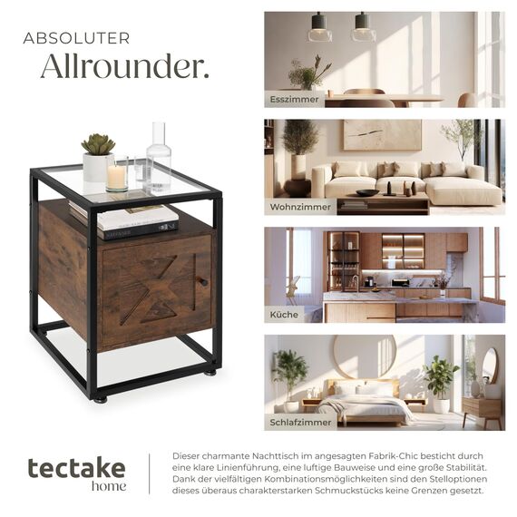 tectake® Nachttisch mit Glasoberfläche, 40x43x60,5cm, Beistelltisch Holz + Metall, Nachtschrank für Boxspringbetten, Deko Schlafzimmer Deko Wohnzimmer Nischenschrank - Industrial Holz dunkel, rustikal