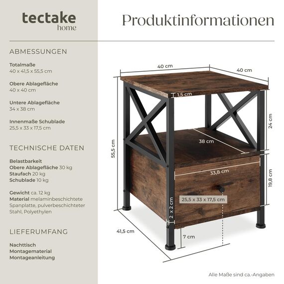 tectake® Nachttisch mit Schublade, Nachtkästchen Holz und Metall, Kleiner Schrank, Beistelltisch, Blumenständer, Deko Wohnzimmer Möbel, Nachtschrank mit Ablagen - Industrial Dunkelbraun