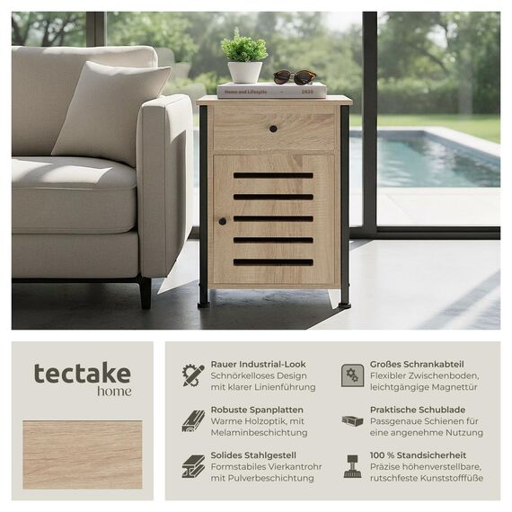 tectake® Nachttisch mit Schublade, Beistelltisch Holz, Nachttisch, Nachtschrank 40 x 42 x 60,5 cm, Deko Wohnzimmer Möbel, Blumenständer, Deko Schlafzimmer - Industrial Holz hell, Eiche Sonoma
