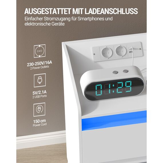 Hzuaneri Nachttische 2er Set mit LED-Lichtern, Ladestation und 2 Schubladen, Beistelltisch mit USB-Anschlüssen & Steckdosen, Stilvoll und vielseitig, für Wohnzimmer und Schlafzimmer, Weiß NS30103X
