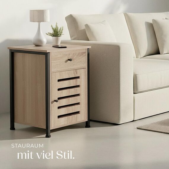 tectake® Nachttisch mit Schublade, Beistelltisch Holz, Nachttisch, Nachtschrank 40 x 42 x 60,5 cm, Deko Wohnzimmer Möbel, Blumenständer, Deko Schlafzimmer - Industrial Holz hell, Eiche Sonoma