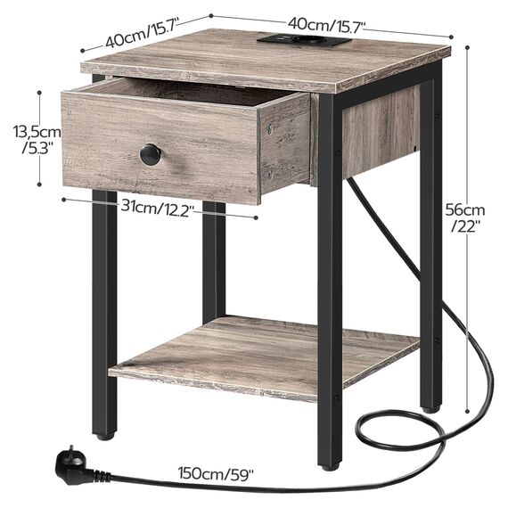 HOOBRO Nachttisch mit Ladestation, Beistelltisch mit Schublade und Ablage, Nachtschrank mit USB-Anschlüsse und Steckdose, Nachtkommode für kleine Räume und Schlafzimmer, Greige-Schwarz EBG40CBZ01