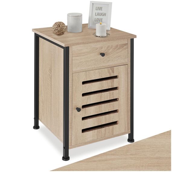 tectake® Nachttisch mit Schublade, Beistelltisch Holz, Nachttisch, Nachtschrank 40 x 42 x 60,5 cm, Deko Wohnzimmer Möbel, Blumenständer, Deko Schlafzimmer - Industrial Holz hell, Eiche Sonoma