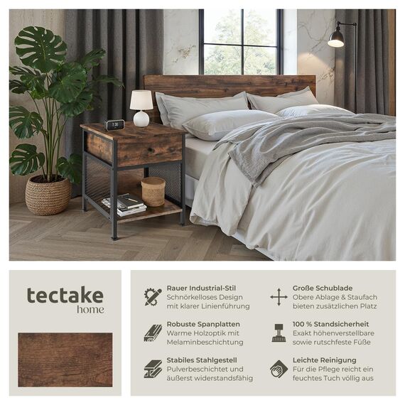tectake® Nachttisch mit Schublade + Staufach, Nachtkommode mit Gittereinsatz, kleines Schränkchen 45 x 46 x 55,5 cm, Nachtkasten, Nachtschränkchen, Telefonschrank - Industrial Holz hell, Eiche Sonoma
