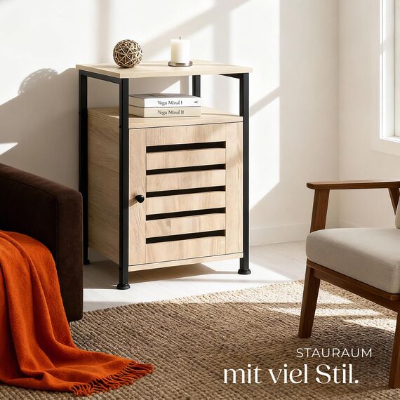 tectake® Beistellschrank, Nachttisch mit Ablage, Nachtschrank aus Holz und Metall, 40,5 x 60,5 cm, Deko Schlafzimmer, Wohnzimmer, Zimmer Deko, Blumenständer - Industrial Holz hell, Eiche Sonoma