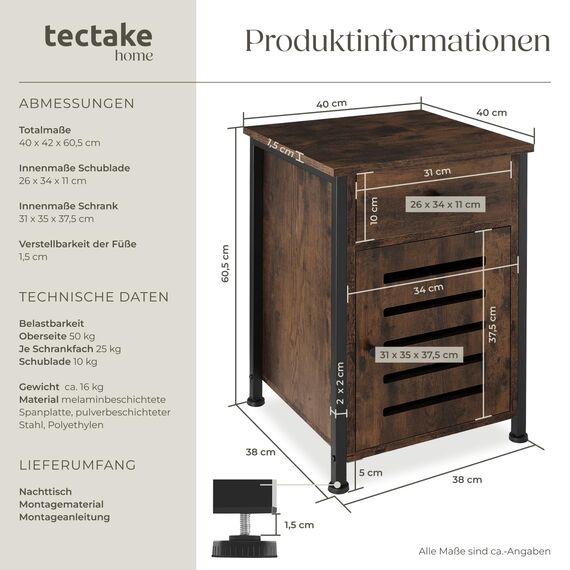 tectake® Nachttisch mit Schublade, Beistelltisch Holz, Nachttisch, Nachtschrank 40 x 42 x 60,5 cm, Deko Wohnzimmer Möbel, Blumenständer, Deko Schlafzimmer - Industrial Holz dunkel, rustikal