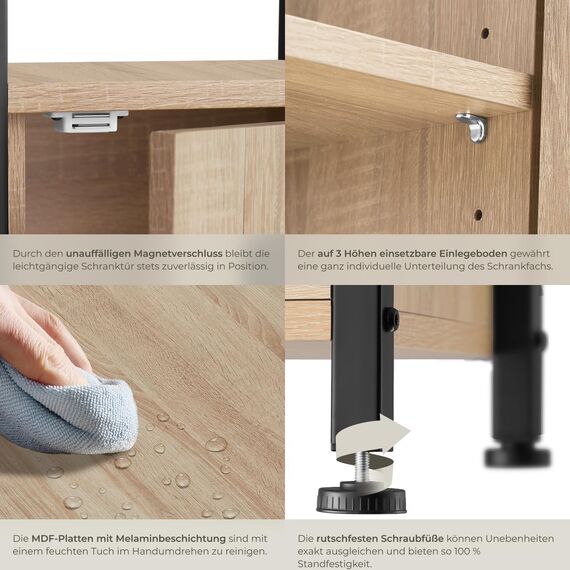 tectake® Beistellschrank, Nachttisch mit Ablage, Nachtschrank aus Holz und Metall, 40,5 x 60,5 cm, Deko Schlafzimmer, Wohnzimmer, Zimmer Deko, Blumenständer - Industrial Holz hell, Eiche Sonoma