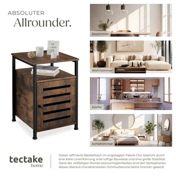 tectake® Beistellschrank, Nachttisch mit Ablage, Nachtschrank aus Holz und Metall, 40,5 x 60,5 cm, Deko Schlafzimmer, Wohnzimmer, Zimmer Deko, Blumenständer - Industrial Holz dunkel, rustikal