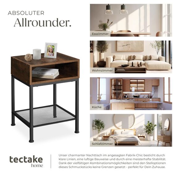 tectake® Nachttisch, Beistelltisch Couch mit offenem Fach und Gitterablage, Pflanzenständer, Möbel Deko Schlafzimmer, Nachtschrank, Wohnzimmer Möbel, Zimmer Deko - Industrial Holz dunkel, rustikal