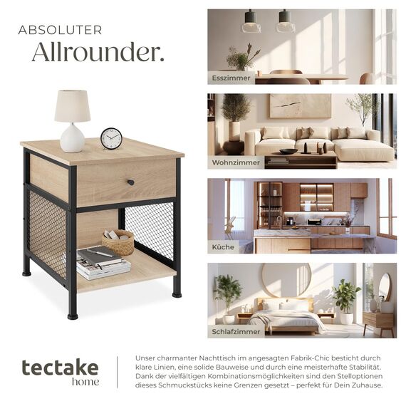 tectake® Nachttisch mit Schublade + Staufach, Nachtkommode mit Gittereinsatz, kleines Schränkchen 45 x 46 x 55,5 cm, Nachtkasten, Nachtschränkchen, Telefonschrank - Industrial Holz hell, Eiche Sonoma