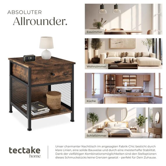 tectake® Nachttisch mit Schublade + Staufach, Nachtkommode mit Gittereinsatz, kleines Schränkchen 45 x 46 x 55,5 cm, Nachtkasten, Nachtschränkchen, Telefonschrank - Industrial Holz hell, Eiche Sonoma