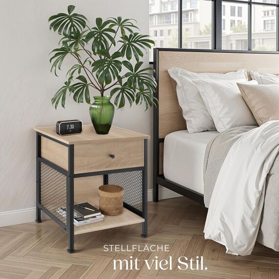 tectake® Nachttisch mit Schublade + Staufach, Nachtkommode mit Gittereinsatz, kleines Schränkchen 45 x 46 x 55,5 cm, Nachtkasten, Nachtschränkchen, Telefonschrank - Industrial Holz hell, Eiche Sonoma