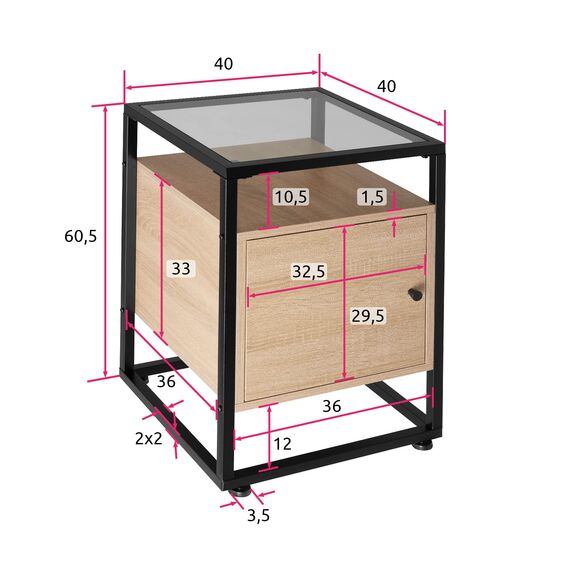 tectake® Nachttisch mit Glasplatte, 40 x 43 x 60,5 cm, Beistelltisch mit Tür, Zimmer Deko Wohnzimmer, Deko Schlafzimmer Möbel, Blumenständer, Nachtschrank - Industrial Holz hell, Eiche Sonoma