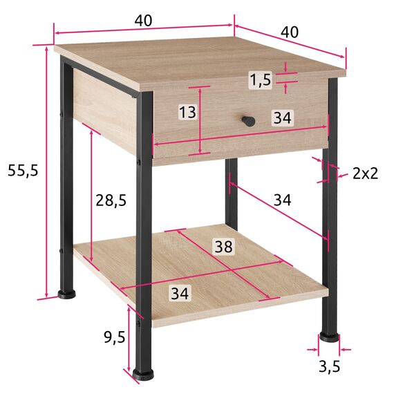 tectake® Nachttisch mit Schublade, 2 Ablagen, 40 x 40 x 55,5 cm, Couchtisch, Beistelltisch, Deko Wohnzimmer Möbel, Deko Schlafzimmer, Blumenständer, Nachtschrank - Industrial Holz hell, Eiche Sonoma