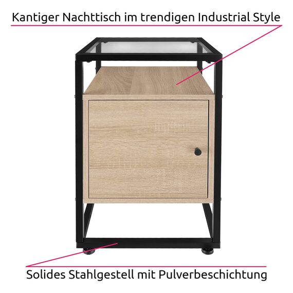 tectake® Nachttisch mit Glasplatte, 40 x 43 x 60,5 cm, Beistelltisch mit Tür, Zimmer Deko Wohnzimmer, Deko Schlafzimmer Möbel, Blumenständer, Nachtschrank - Industrial Holz hell, Eiche Sonoma