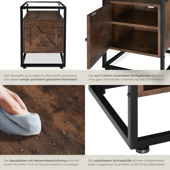 tectake® Nachttisch mit Glasoberfläche, 40x43x60,5cm, Beistelltisch Holz + Metall, Nachtschrank für Boxspringbetten, Deko Schlafzimmer Deko Wohnzimmer Nischenschrank - Industrial Holz dunkel, rustikal