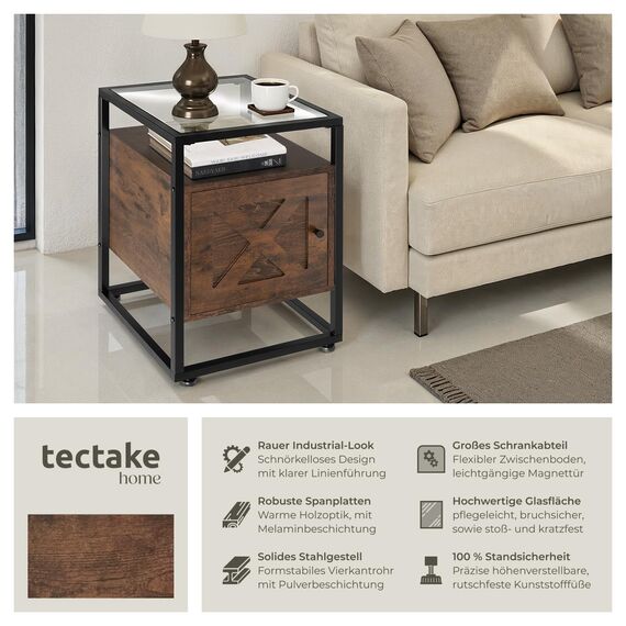 tectake® Nachttisch mit Glasoberfläche, 40x43x60,5cm, Beistelltisch Holz + Metall, Nachtschrank für Boxspringbetten, Deko Schlafzimmer Deko Wohnzimmer Nischenschrank - Industrial Holz dunkel, rustikal