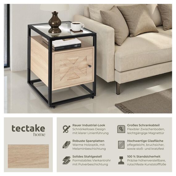 tectake® Nachttisch mit Glasoberfläche, 40 x 43 x 60,5 cm, Beistelltisch Holz + Metall, Nachtschrank für Boxspringbetten, Deko Schlafzimmer, Deko Wohnzimmer - Industrial Holz hell, Eiche Sonoma