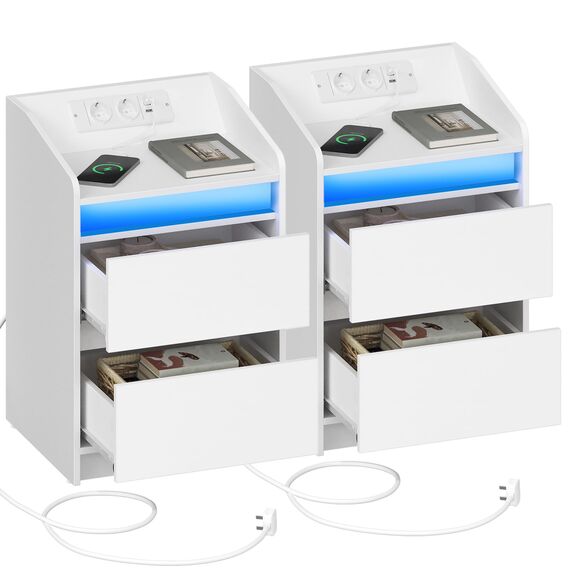 Hzuaneri Nachttische 2er Set mit LED-Lichtern, Ladestation und 2 Schubladen, Beistelltisch mit USB-Anschlüssen & Steckdosen, Stilvoll und vielseitig, für Wohnzimmer und Schlafzimmer, Weiß NS30103X