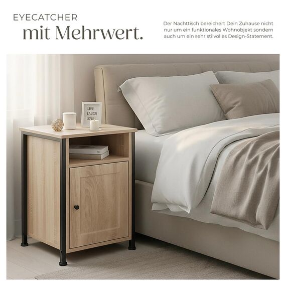tectake® Nachttisch mit Ablage + Staufach, Nachtschrank, 40 x 42 x 60,5 cm, Beistelltisch, Deko Schlafzimmer, Deko Wohnzimmer Möbel, Blumenständer, Nischenschrank - Industrial Holz hell, Eiche Sonoma