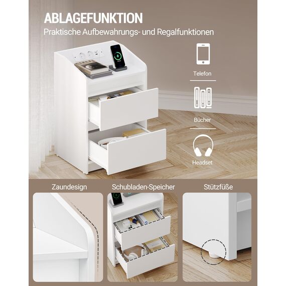 Hzuaneri Nachttische 2er Set mit LED-Lichtern, Ladestation und 2 Schubladen, Beistelltisch mit USB-Anschlüssen & Steckdosen, Stilvoll und vielseitig, für Wohnzimmer und Schlafzimmer, Weiß NS30103X