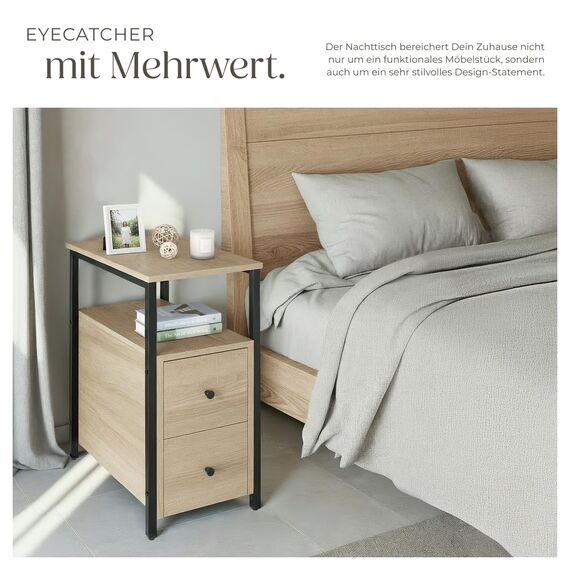 tectake® Nachttisch schmal, Nachtschrank mit 2 Schubladen und 2 Ablagen, schmaler Schrank 30 x 49,5 x 61,5 cm, Nischenschrank, Nachtkästchen, Beistelltisch schmal - Industrial Holz hell, Eiche Sonoma