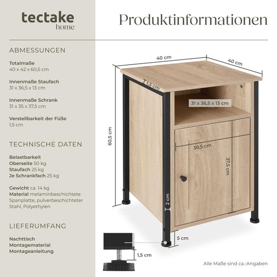 tectake® Nachttisch mit Ablage + Staufach, Nachtschrank, 40 x 42 x 60,5 cm, Beistelltisch, Deko Schlafzimmer, Deko Wohnzimmer Möbel, Blumenständer, Nischenschrank - Industrial Holz hell, Eiche Sonoma