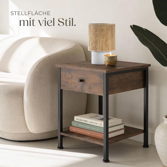 tectake® Nachttisch mit Schublade, 2 Ablagen, 40 x 40 x 55,5 cm, Couchtisch, Beistelltisch, Deko Wohnzimmer Möbel, Deko Schlafzimmer, Blumenständer, Nachtschrank - Industrial Dunkelbraun
