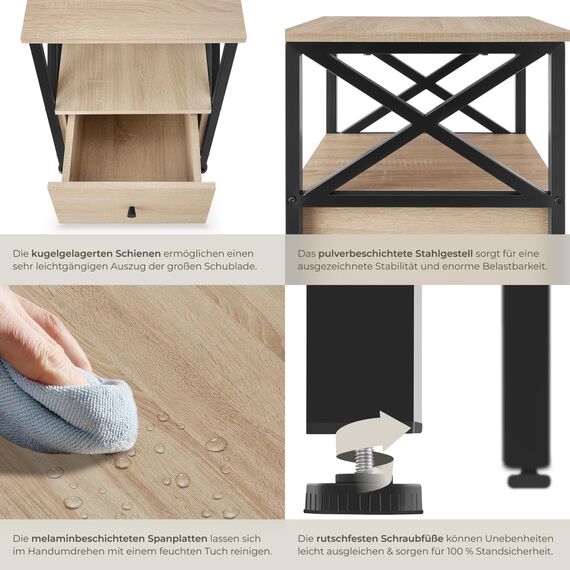 tectake® Nachttisch mit Schublade, Nachtkästchen Holz und Metall, Kleiner Schrank, Beistelltisch, Blumenständer, Deko Wohnzimmer Möbel, Nachtschrank mit Ablagen - Industrial Holz Hell, Eiche Sonoma