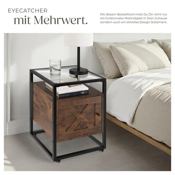 tectake® Nachttisch mit Glasoberfläche, 40x43x60,5cm, Beistelltisch Holz + Metall, Nachtschrank für Boxspringbetten, Deko Schlafzimmer Deko Wohnzimmer Nischenschrank - Industrial Holz dunkel, rustikal