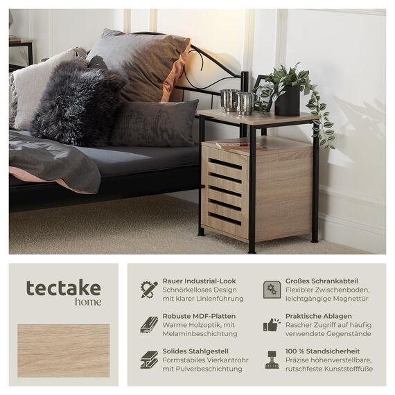 tectake® Beistellschrank, Nachttisch mit Ablage, Nachtschrank aus Holz und Metall, 40,5 x 60,5 cm, Deko Schlafzimmer, Wohnzimmer, Zimmer Deko, Blumenständer - Industrial Holz hell, Eiche Sonoma