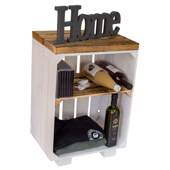 Kistenkolli Altes Land Nachttisch Abstelltisch weiß/Natur/geflammt Maße ca 30x40x55cm Regalkiste Flaschenablage Weinregal Apfelkiste/Weinkiste (Weiss Brett und Planke geflammt)