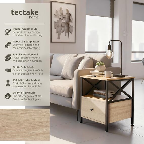 tectake® Nachttisch mit Schublade, Nachtkästchen Holz und Metall, Kleiner Schrank, Beistelltisch, Blumenständer, Deko Wohnzimmer Möbel, Nachtschrank mit Ablagen - Industrial Holz Hell, Eiche Sonoma