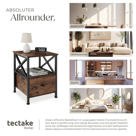 tectake® Nachttisch mit Schublade, Nachtkästchen Holz und Metall, Kleiner Schrank, Beistelltisch, Blumenständer, Deko Wohnzimmer Möbel, Nachtschrank mit Ablagen - Industrial Dunkelbraun