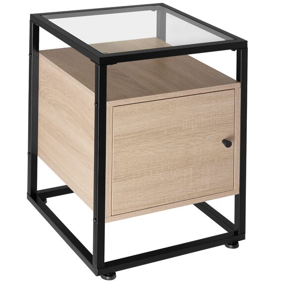 tectake® Nachttisch mit Glasplatte, 40 x 43 x 60,5 cm, Beistelltisch mit Tür, Zimmer Deko Wohnzimmer, Deko Schlafzimmer Möbel, Blumenständer, Nachtschrank - Industrial Holz hell, Eiche Sonoma