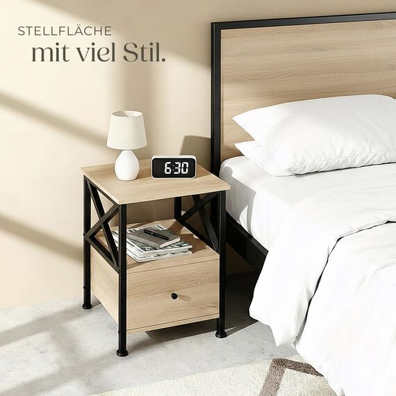 tectake® Nachttisch mit Schublade, Nachtkästchen Holz und Metall, Kleiner Schrank, Beistelltisch, Blumenständer, Deko Wohnzimmer Möbel, Nachtschrank mit Ablagen - Industrial Holz Hell, Eiche Sonoma