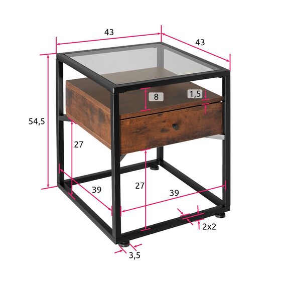 tectake® Nachttisch mit Glasplatte, 43 x 45 x 54,5 cm, Beistelltisch Couch, Deko Schlafzimmer Glastisch mit Ablage und Schublade - Industrial Dunkelbraun