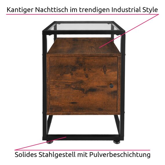 tectake® Nachttisch mit Glasplatte, 40 x 43 x 60,5 cm, Beistelltisch mit Tür, Zimmer Deko Wohnzimmer, Deko Schlafzimmer Möbel, Blumenständer, Nachtschrank, Nachtkästchen - Industrial Dunkelbraun