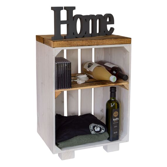 Kistenkolli Altes Land Nachttisch Abstelltisch weiß/Natur/geflammt Maße ca 30x40x55cm Regalkiste Flaschenablage Weinregal Apfelkiste/Weinkiste (Weiss Brett und Planke geflammt)