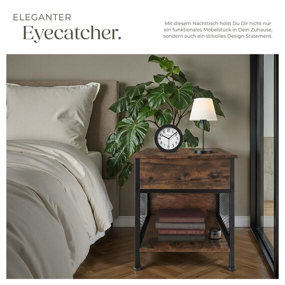 tectake® Nachttisch mit Schublade + Staufach, Nachtkommode mit Gittereinsatz, kleines Schränkchen 45 x 46 x 55,5 cm, Nachtkasten, Nachtschränkchen, Telefonschrank - Industrial Holz hell, Eiche Sonoma