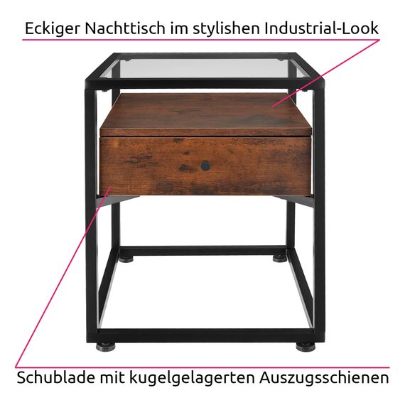 tectake® Nachttisch mit Glasplatte, 43 x 45 x 54,5 cm, Beistelltisch Couch, Deko Schlafzimmer Glastisch mit Ablage und Schublade - Industrial Dunkelbraun