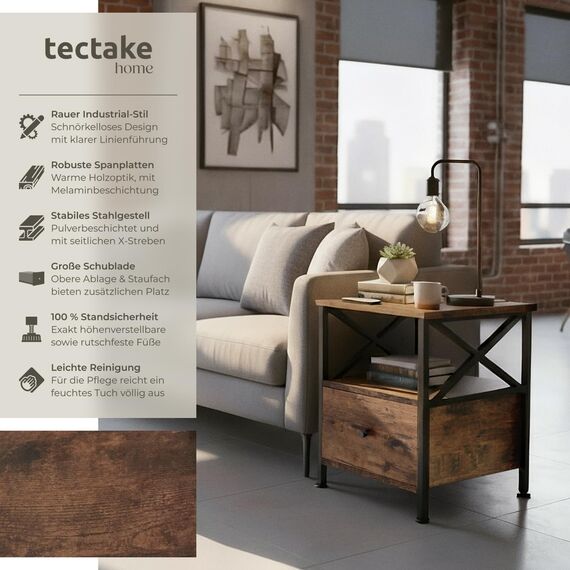tectake® Nachttisch mit Schublade, Nachtkästchen Holz und Metall, Kleiner Schrank, Beistelltisch, Blumenständer, Deko Wohnzimmer Möbel, Nachtschrank mit Ablagen - Industrial Dunkelbraun