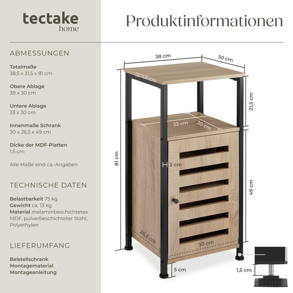 tectake® Beistellschrank schmal, Nachttisch schmal, Nachtkästchen Holz und Metall, Kleiner Schrank mit offener Ablage, Kommode klein, 38,5 x 31,5 x 81 cm - Industrial Holz hell, Eiche Sonoma