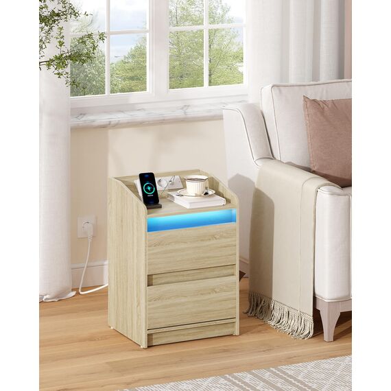 Hzuaneri Nachttische 2er Set mit LED-Lichtern, Ladestation und 2 Schubladen, Beistelltisch mit USB-Anschlüssen & Steckdosen, Stilvoll und vielseitig, für Wohnzimmer und Schlafzimmer, Eiche NS30116X
